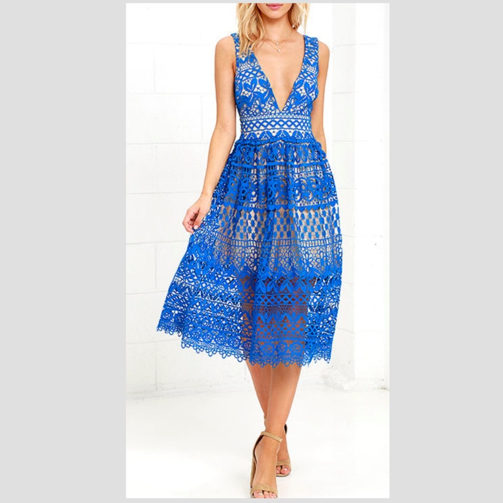Lulu’s Absolutely Fabulous Nude and Blue Lace Midi Dress Size: Medium